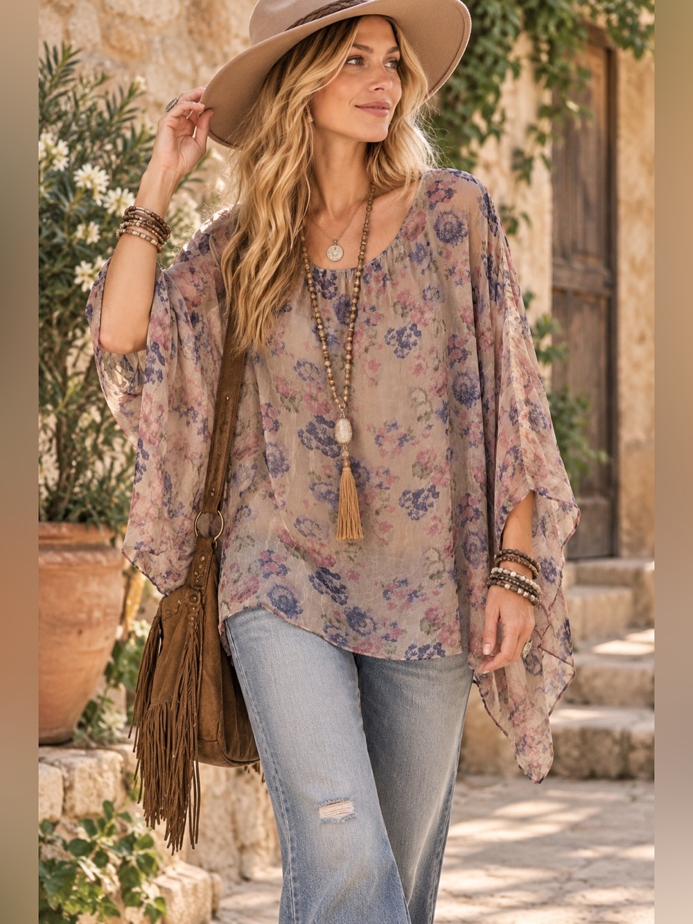 Women's Floral Sheer Silk Blouse in Taupe Made in Italy 🇮🇹